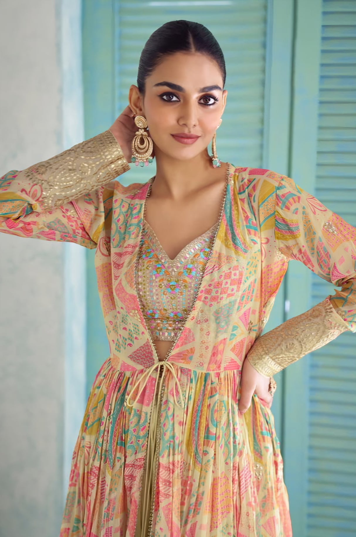 Pastel Mosaic Embroidered Jacket Palazzo Set
