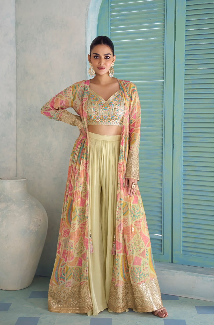 Pastel Mosaic Embroidered Jacket Palazzo Set