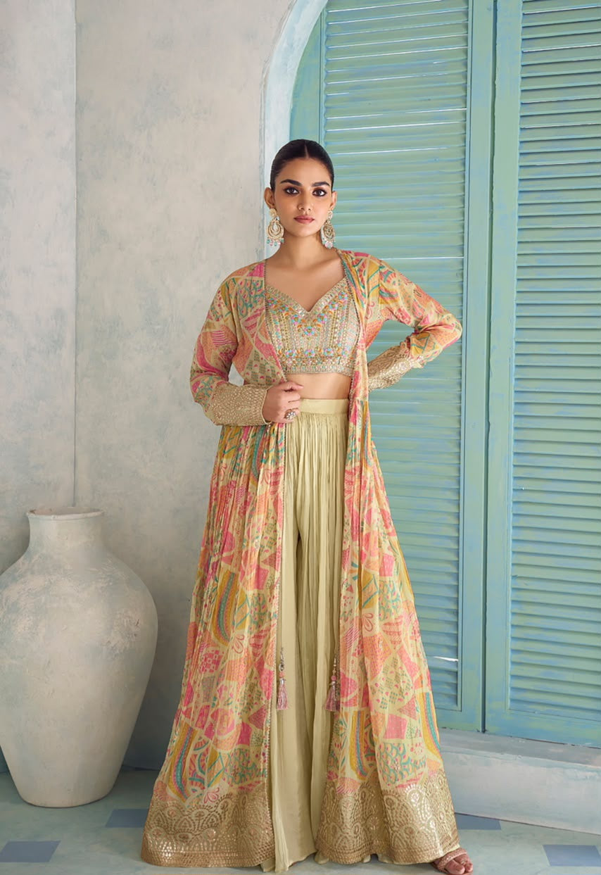 Pastel Mosaic Embroidered Jacket Palazzo Set