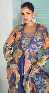 Indigo Floral Embroidered Jacket Palazzo Set