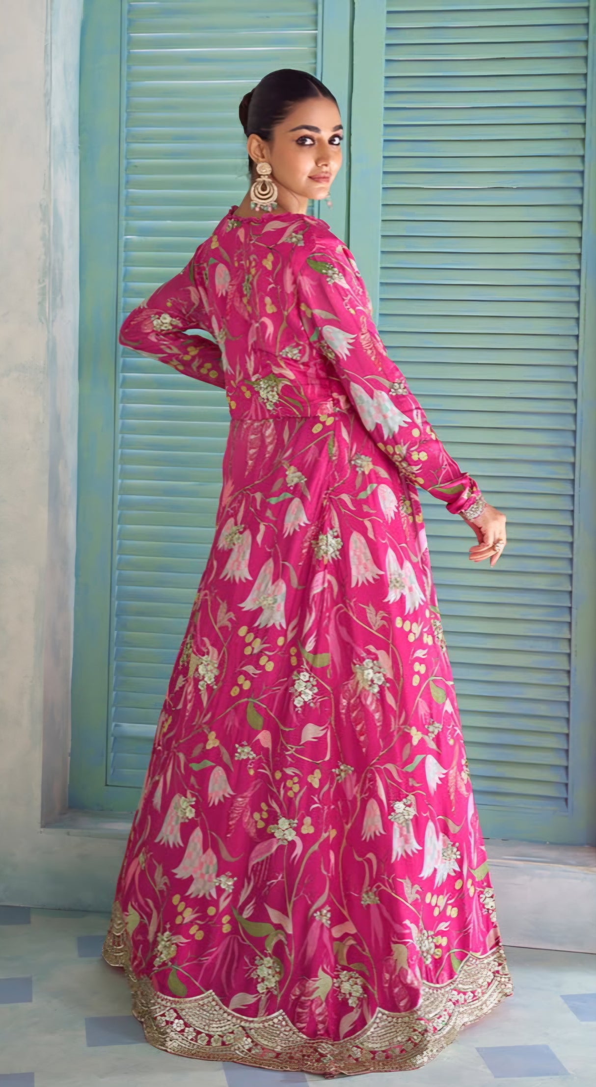 Fuchsia Floral Embroidered Jacket Palazzo Set