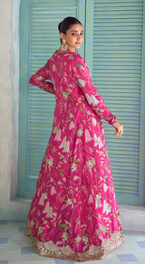 Fuchsia Floral Embroidered Jacket Palazzo Set