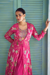 Fuchsia Floral Embroidered Jacket Palazzo Set