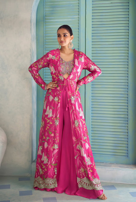 Fuchsia Floral Embroidered Jacket Palazzo Set