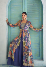 Indigo Floral Embroidered Jacket Palazzo Set