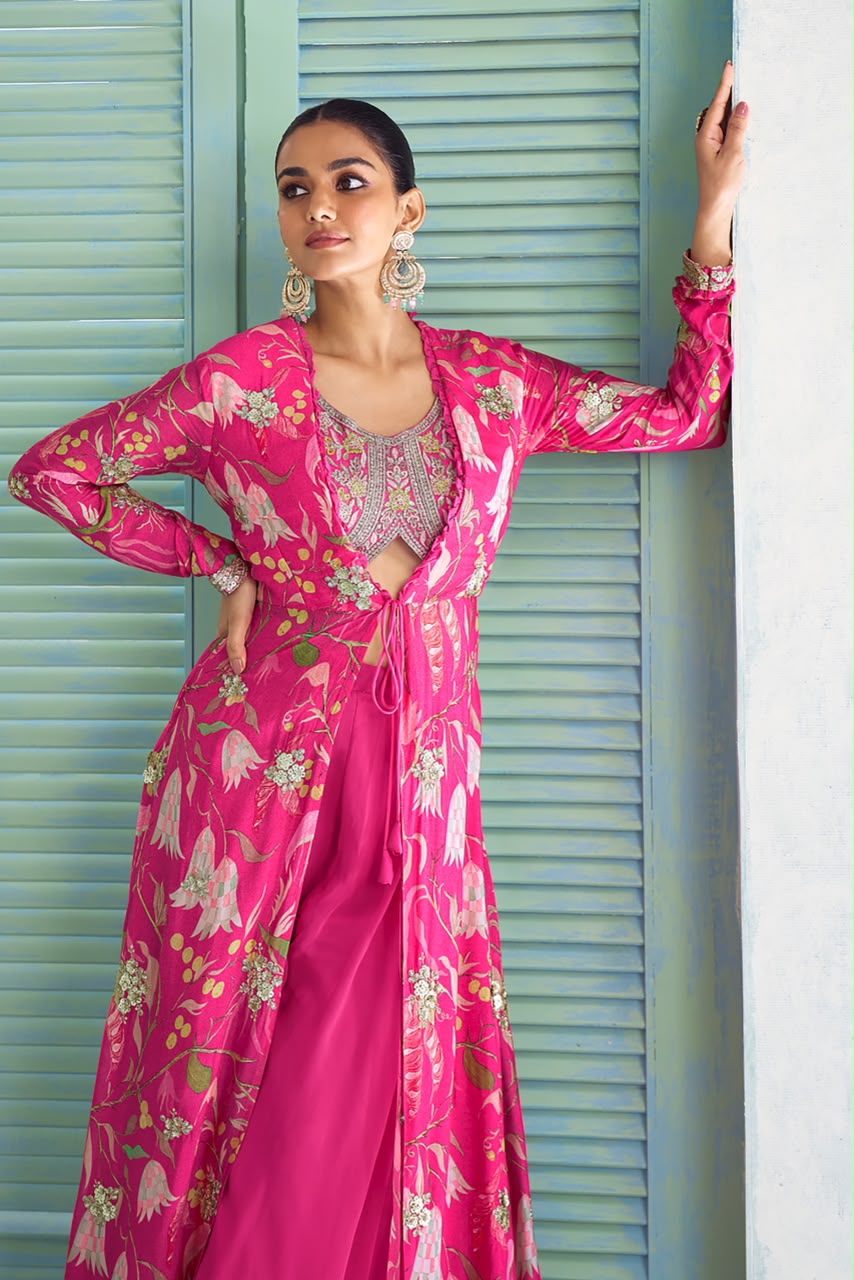 Fuchsia Floral Embroidered Jacket Palazzo Set