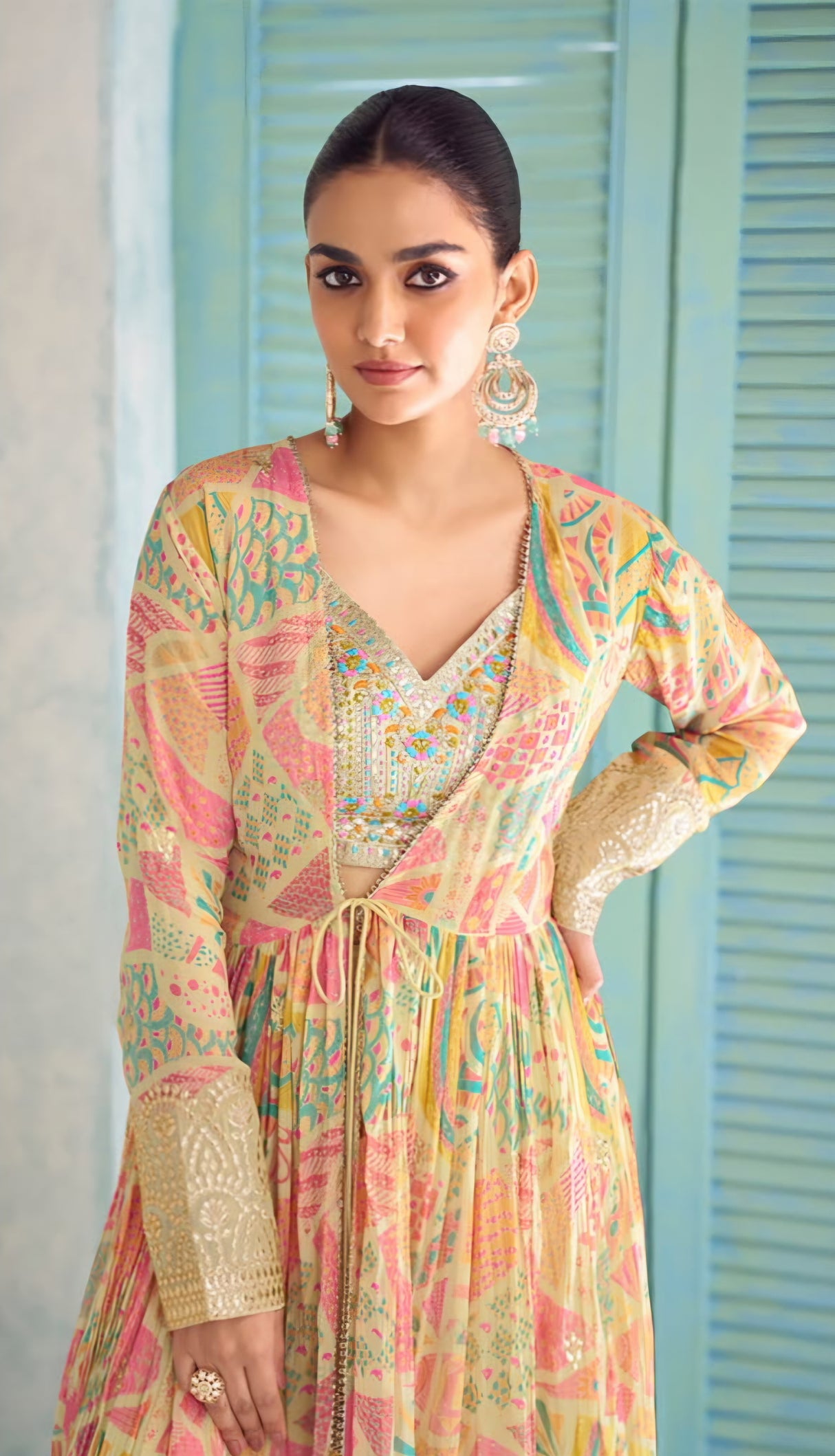 Pastel Mosaic Embroidered Jacket Palazzo Set