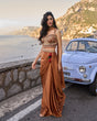 Copper rust embellished draped skirt with a matching fitted top