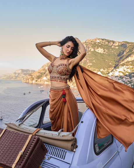 Copper Rust Embellished Draped Saree Set