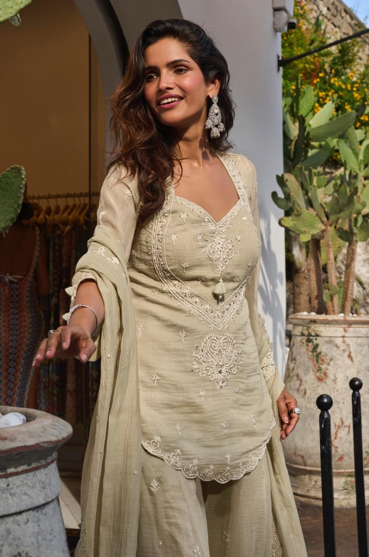 Sage Ivory Embroidered Sharara Dupatta Set