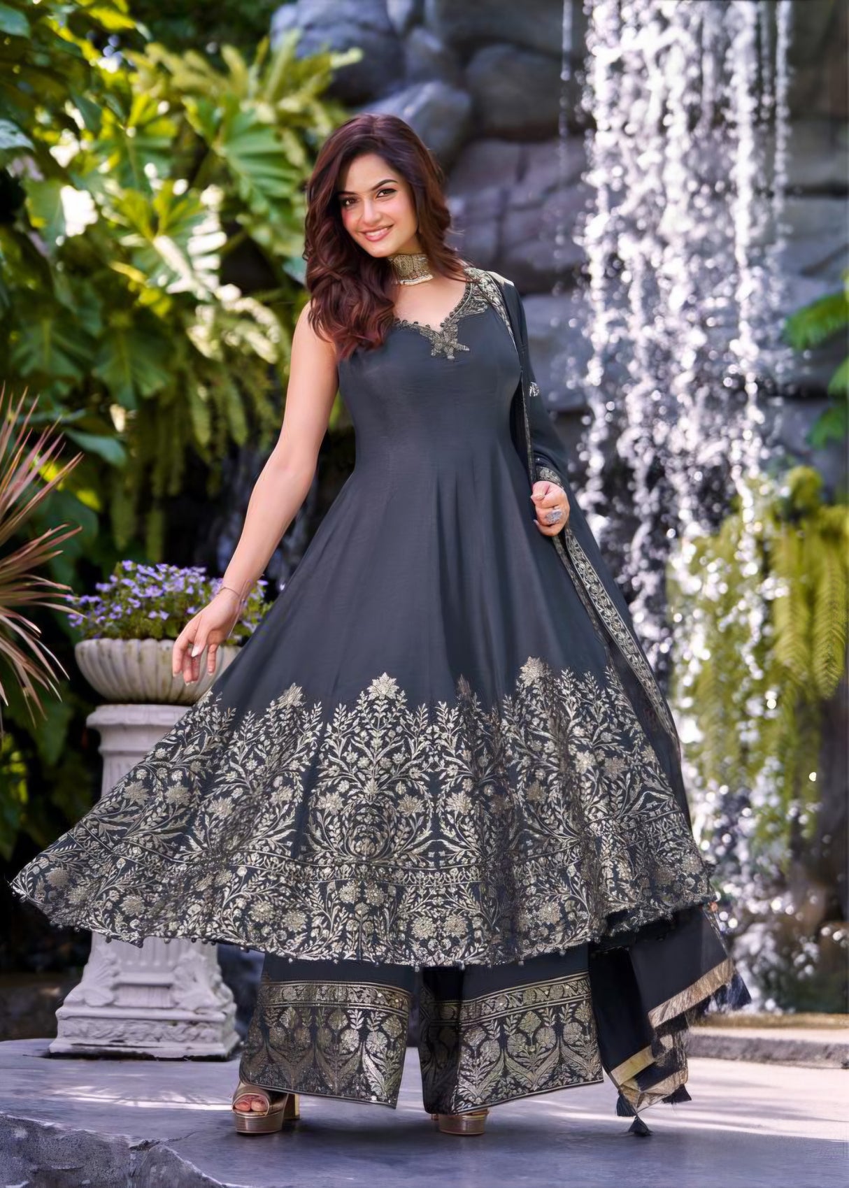Midnight Blue Gold Embroidered Anarkali Palazzo Set
