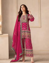 Rani Pink Gold Embroidered Palazzo Dupatta Set