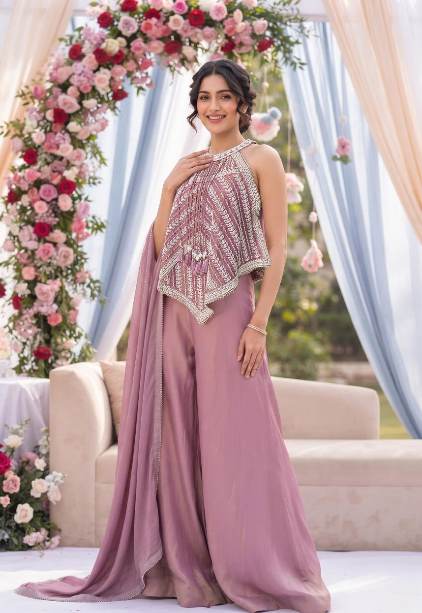 Dusty Mauve Ivory Embroidered Palazzo Dupatta Set
