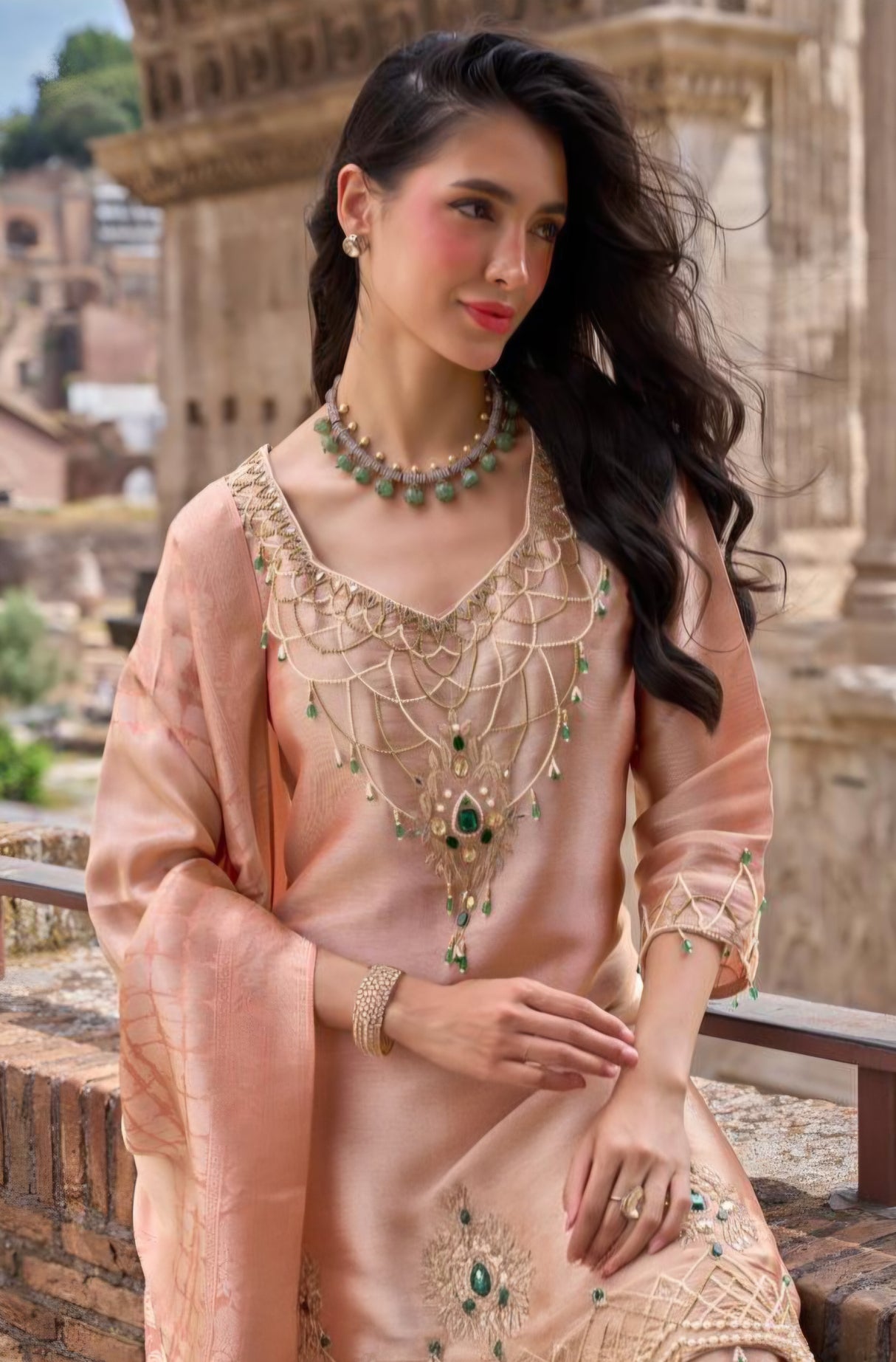 Peach Emerald Embroidered Kurta Palazzo Dupatta Set