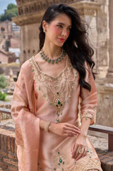 Peach Emerald Embroidered Kurta Palazzo Dupatta Set
