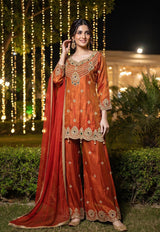 Rust Gold Jewel Embroidered Palazzo Dupatta Set