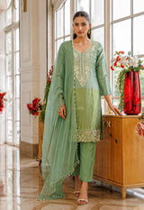 Sage Gold Embroidered Kurta Trouser Dupatta Set