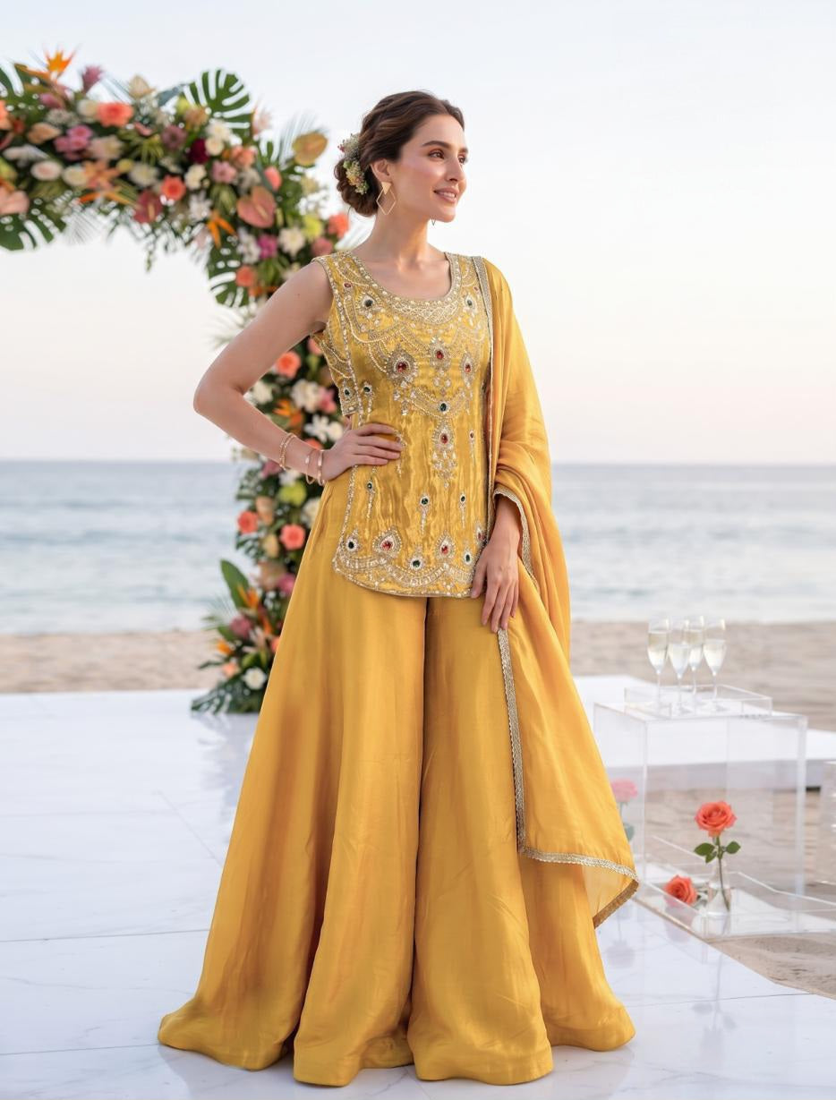 Mustard Gold Mirrorwork Palazzo Dupatta Set