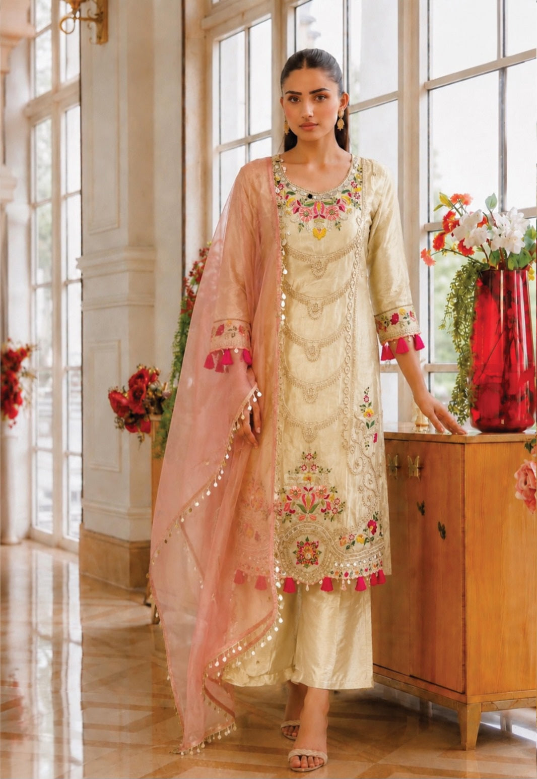 Ivory Blush Floral Embroidered Palazzo Dupatta Set