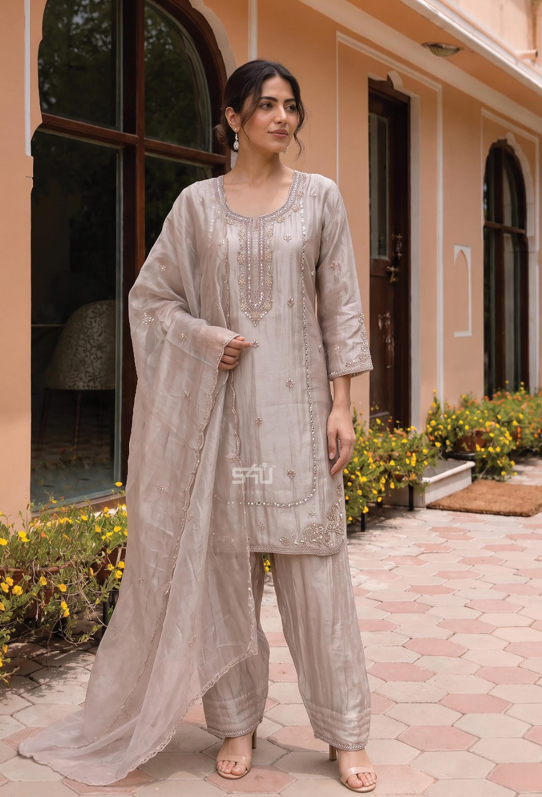 Dove Taupe Silver Embroidered Palazzo Dupatta Set