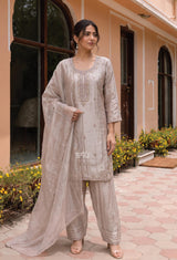 Dove Taupe Silver Embroidered Palazzo Dupatta Set