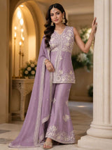 Lilac Ivory Embroidered Sharara Dupatta Set