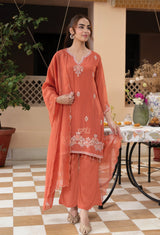 Coral Ivory Embroidered Kurta Palazzo Dupatta Set
