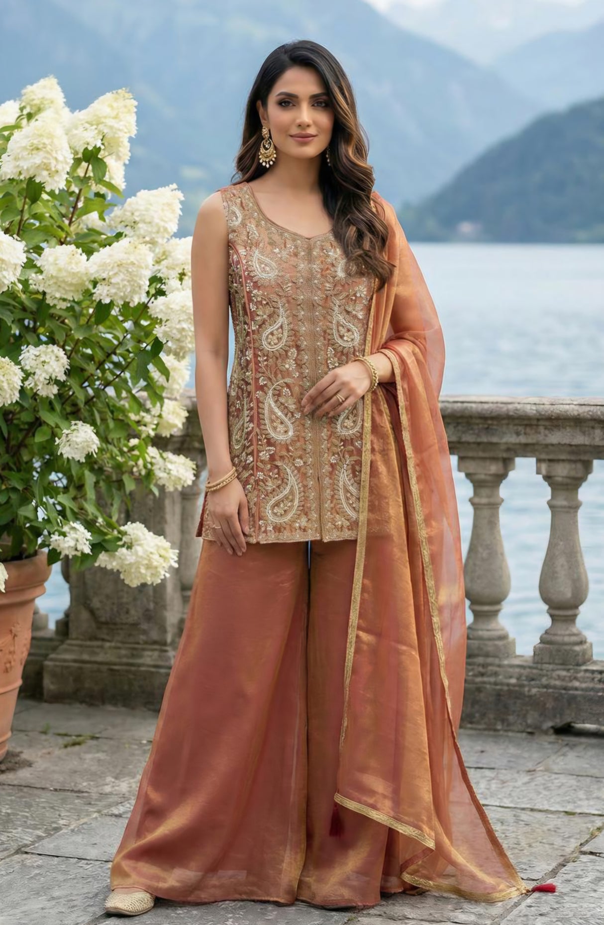 Terracotta Gold Paisley Embroidered Festive Ensemble