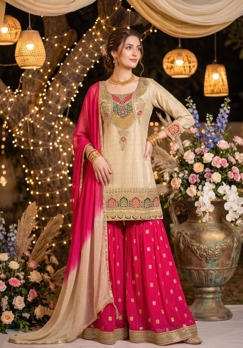 Ivory Rani Pink Gold Embroidered Sharara Ensemble
