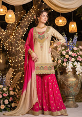 Ivory Rani Pink Gold Embroidered Sharara Ensemble