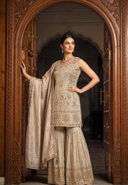 Champagne gold floral embroidered sharara set with a dupatta
