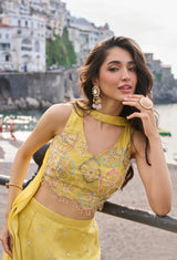 Full-length view of a marigold gold floral embroidered palazzo set