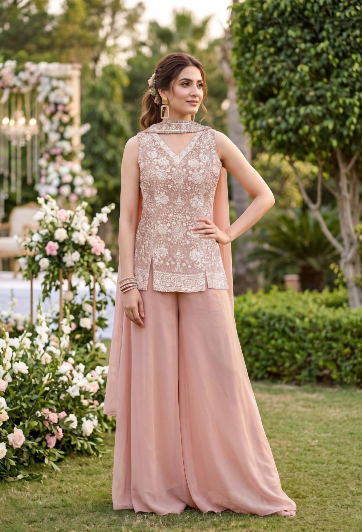 Blush Pearl Floral Embroidered Palazzo Ensemble