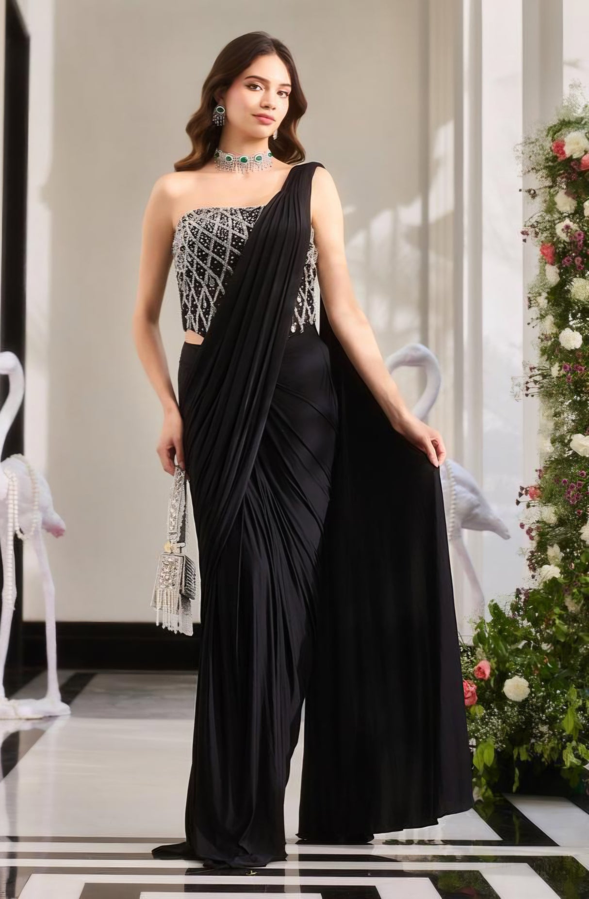 Noir Silver Embellished Pre-Draped Saree Set