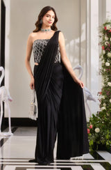 Noir Silver Embellished Pre-Draped Saree Set