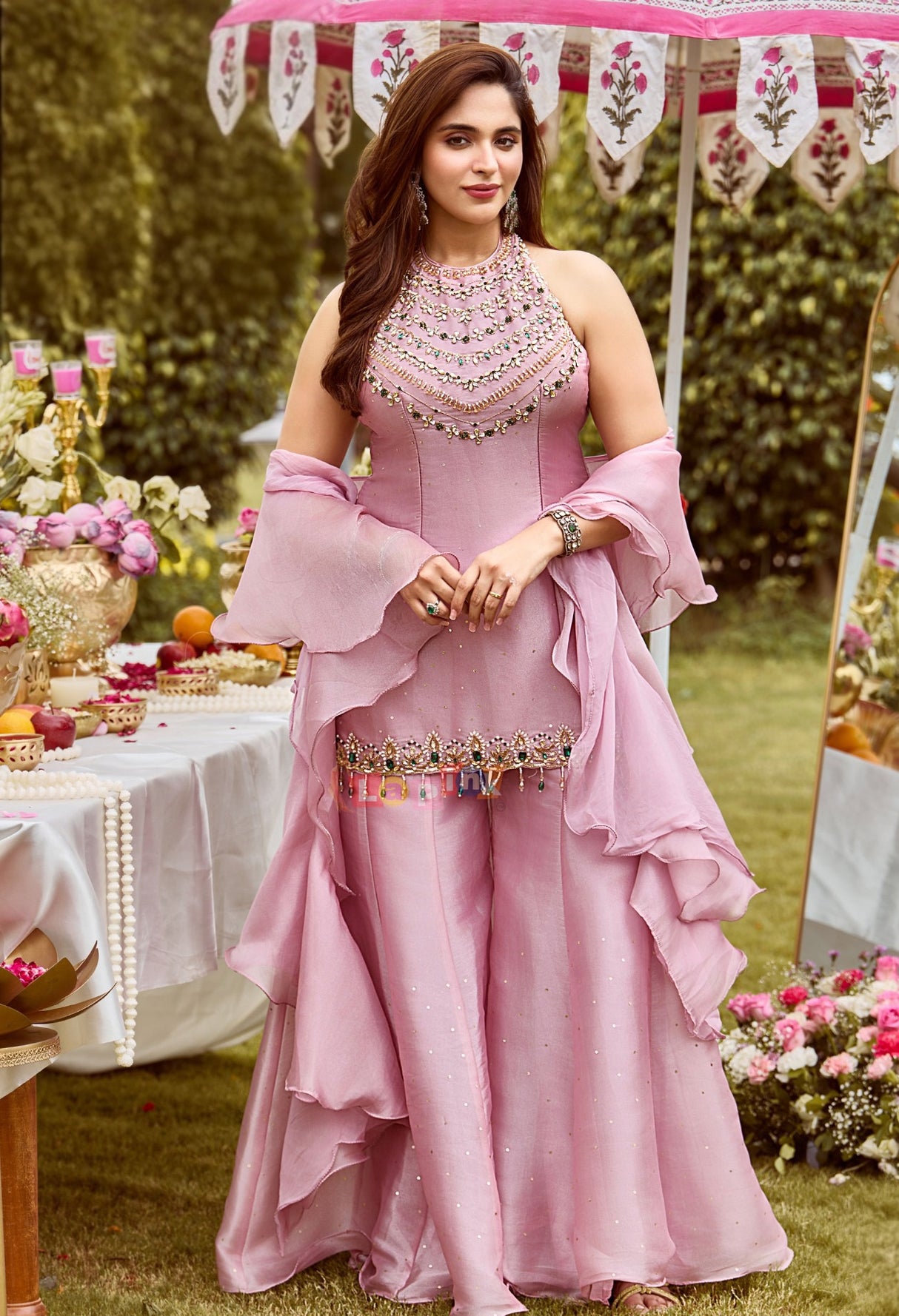 Blush Mauve Jewel Embellished Palazzo Ensemble