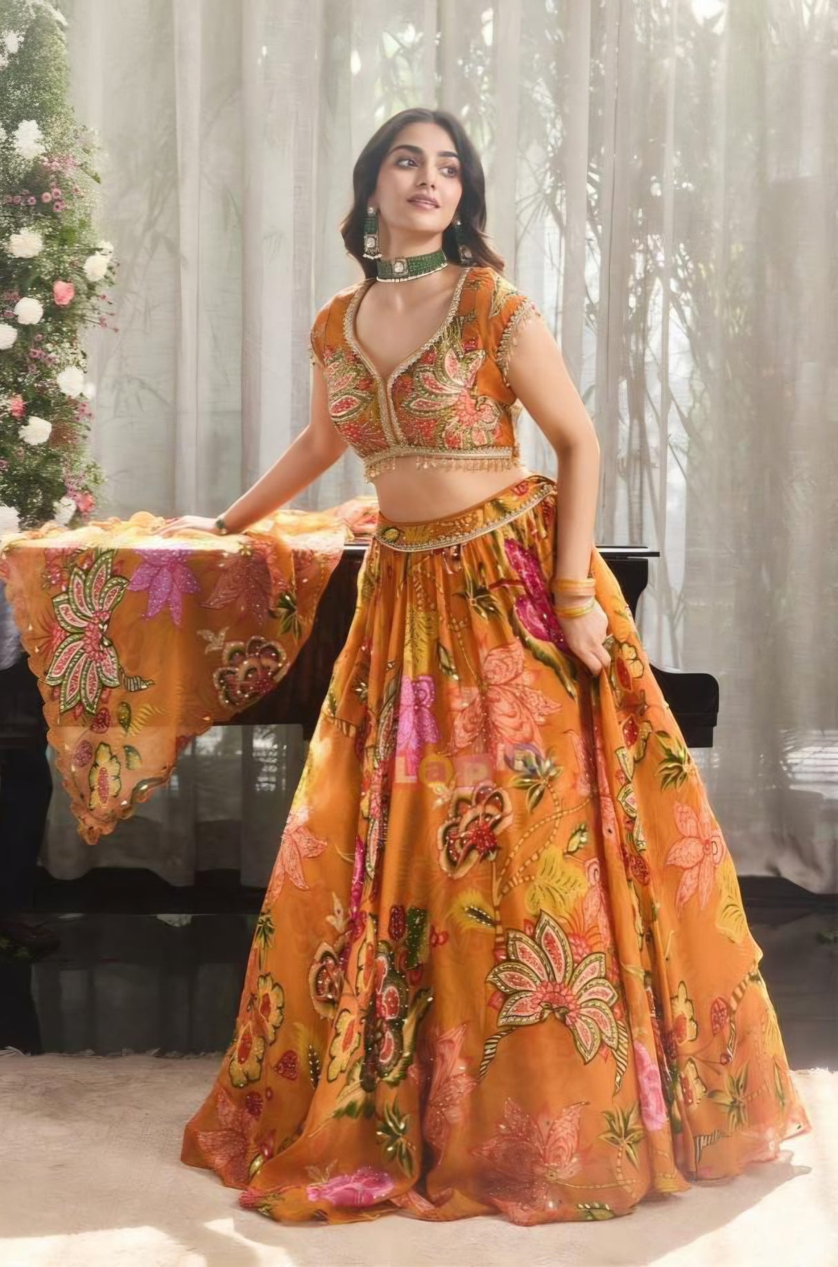 Burnt Orange Floral Embroidered Lehenga Couture Set