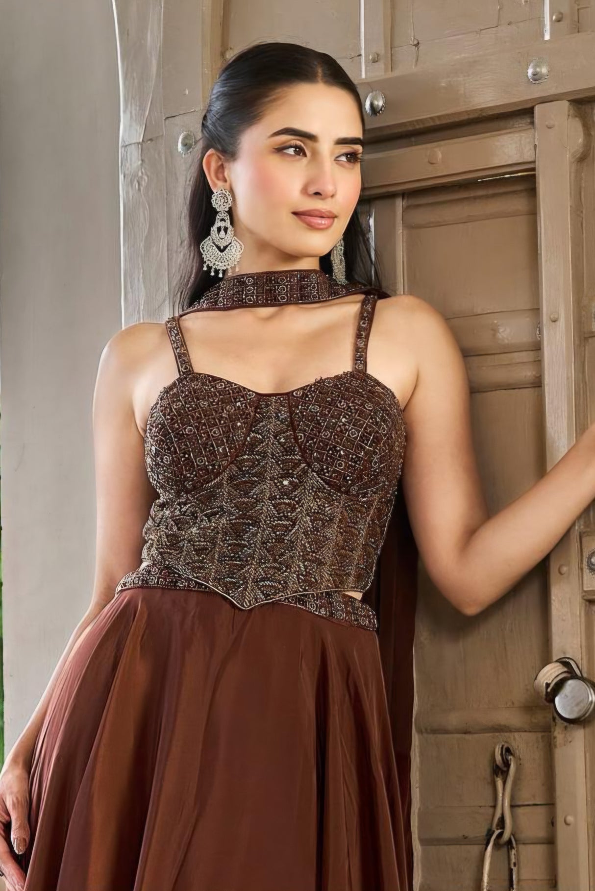 Chocolate Bronze Corset Embellished Anarkali Gown