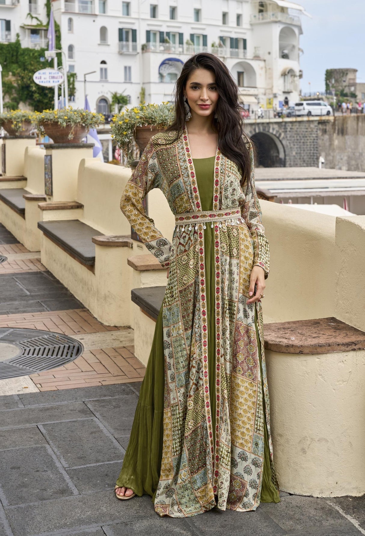Chartreuse Mosaic Embroidered Jacket Couture Ensemble