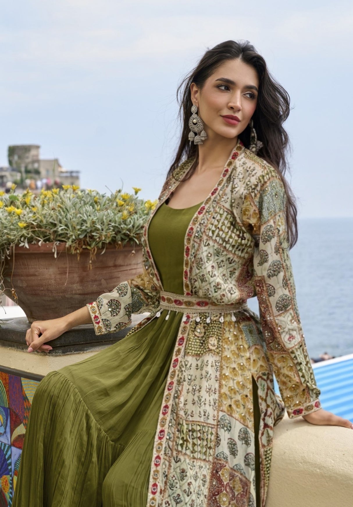Chartreuse Mosaic Embroidered Jacket Couture Ensemble
