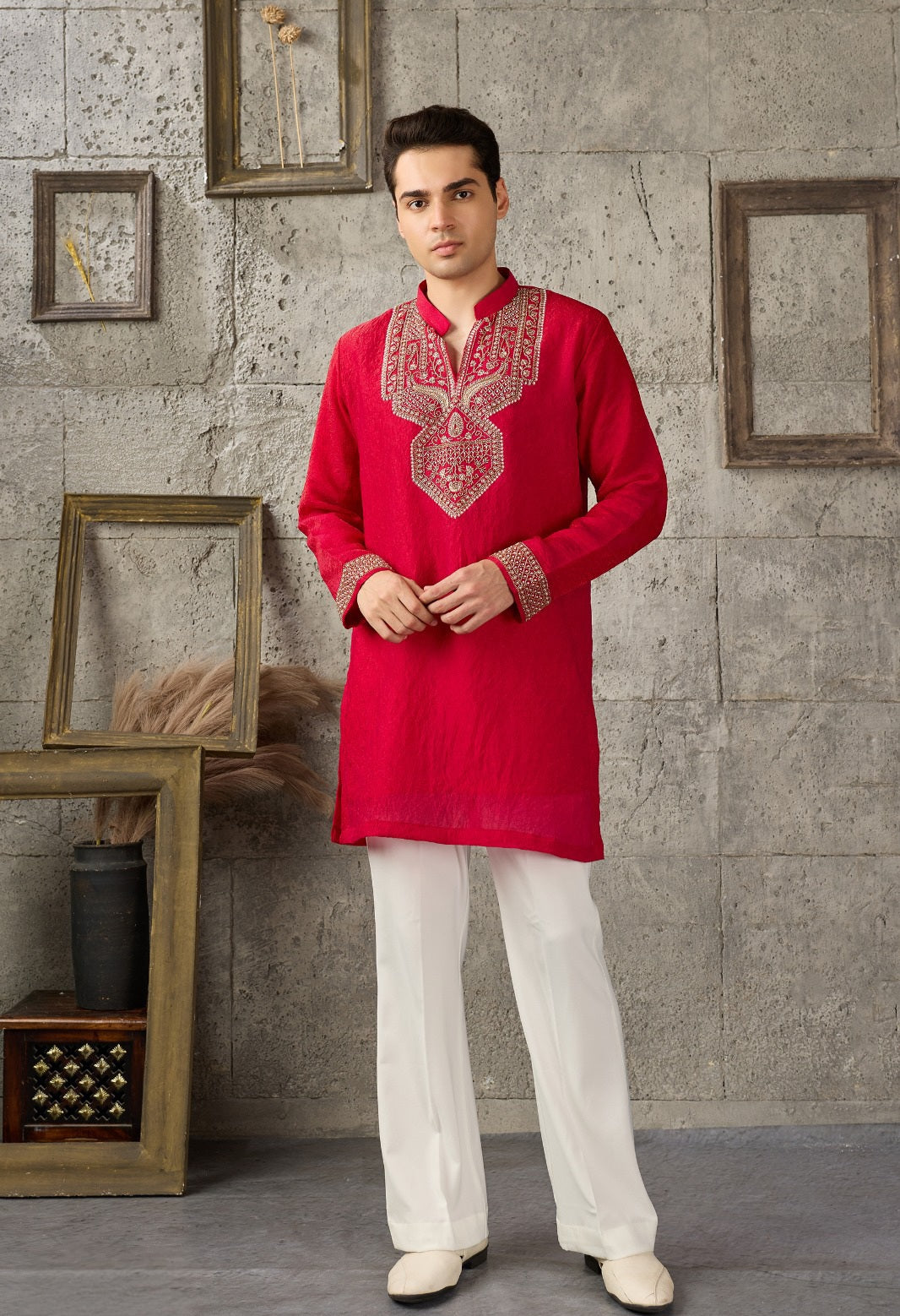 Red Silver Embroidered Men's Kurta Set