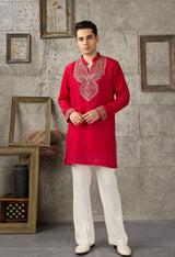 Red Silver Embroidered Men's Kurta Set