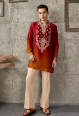 Red Ombre Gold Embroidered Men's Kurta Set