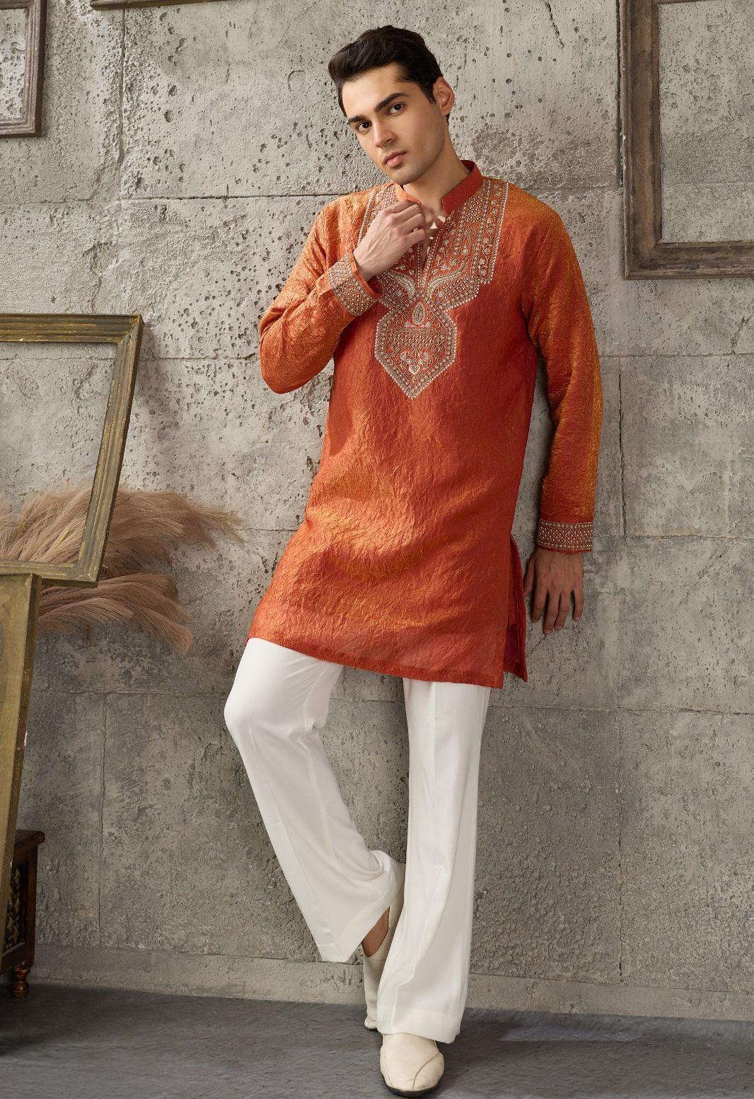 Burnt Orange Silver Embroidered Kurta Ensemble