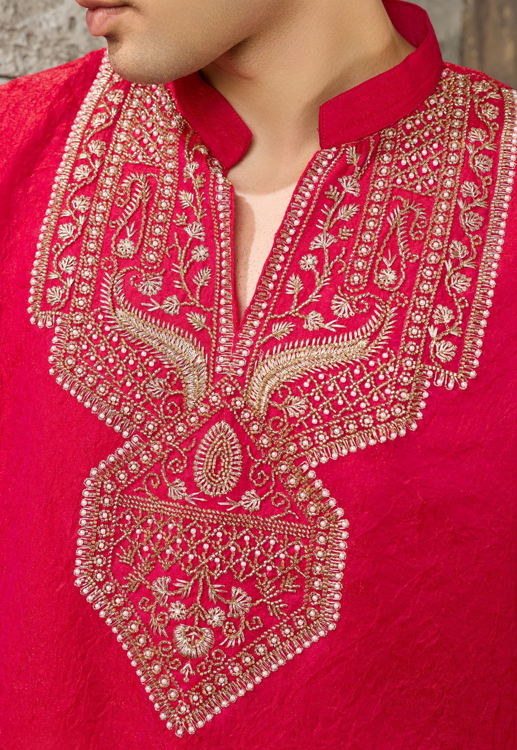 Red Silver Embroidered Men's Kurta Set - alternate view