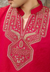 Red Silver Embroidered Men's Kurta Set - alternate view