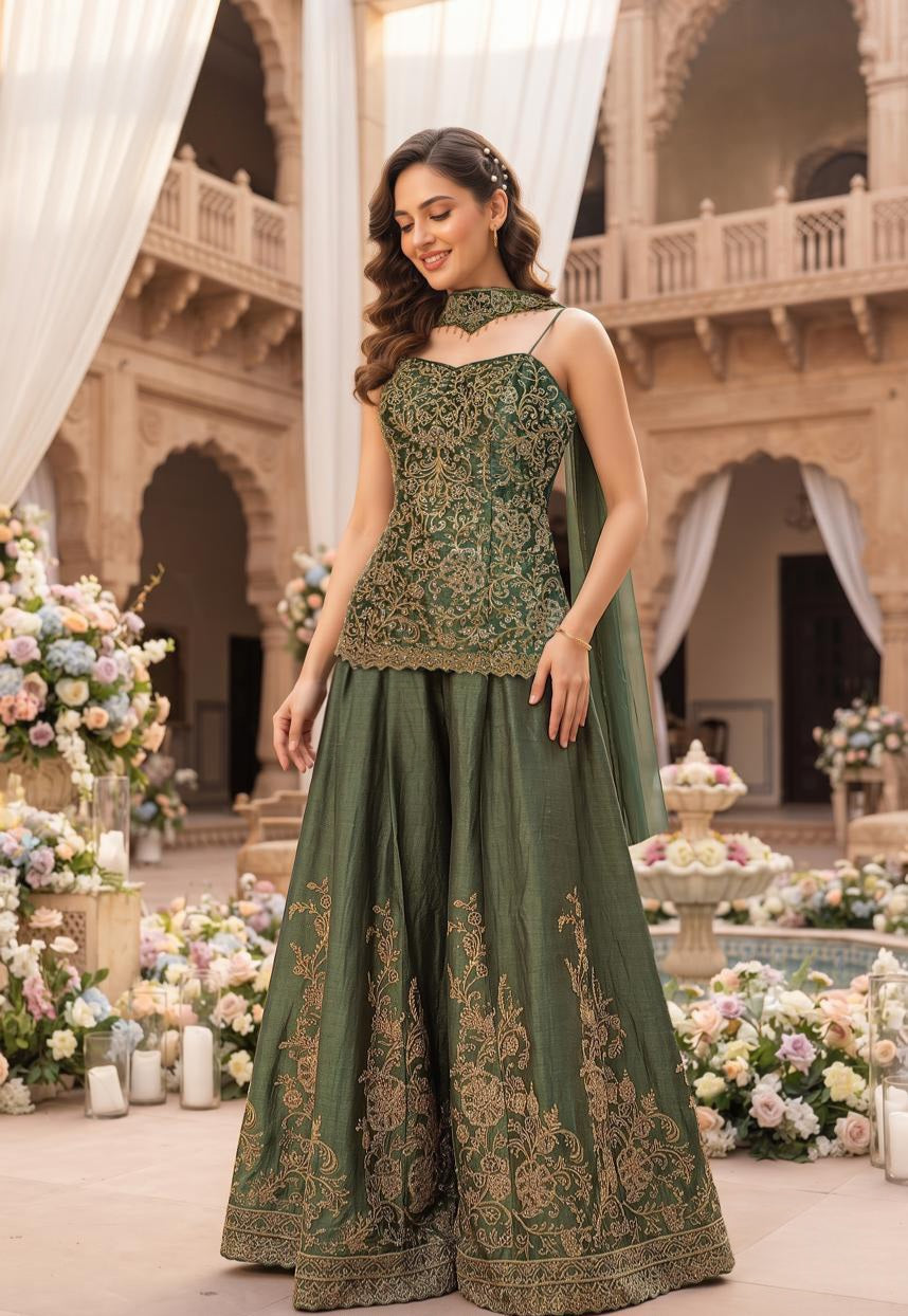 Forest Green Gold Embroidered Palazzo Ensemble