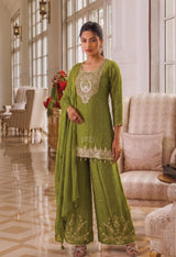 Olive Gold Embroidered Palazzo Festive Ensemble