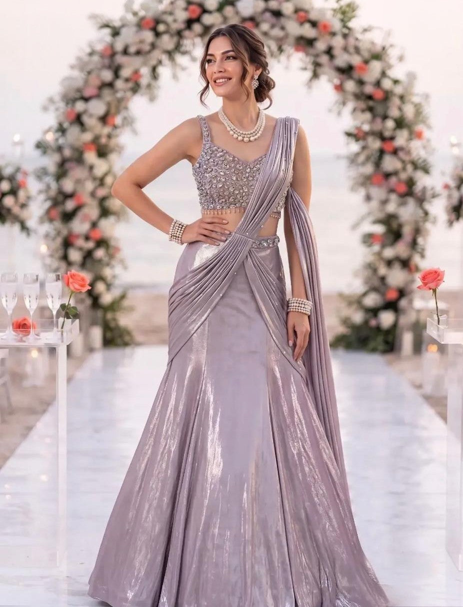 Lilac Silver Crystal Draped Lehenga Couture Set