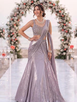 Lilac Silver Crystal Draped Lehenga Couture Set